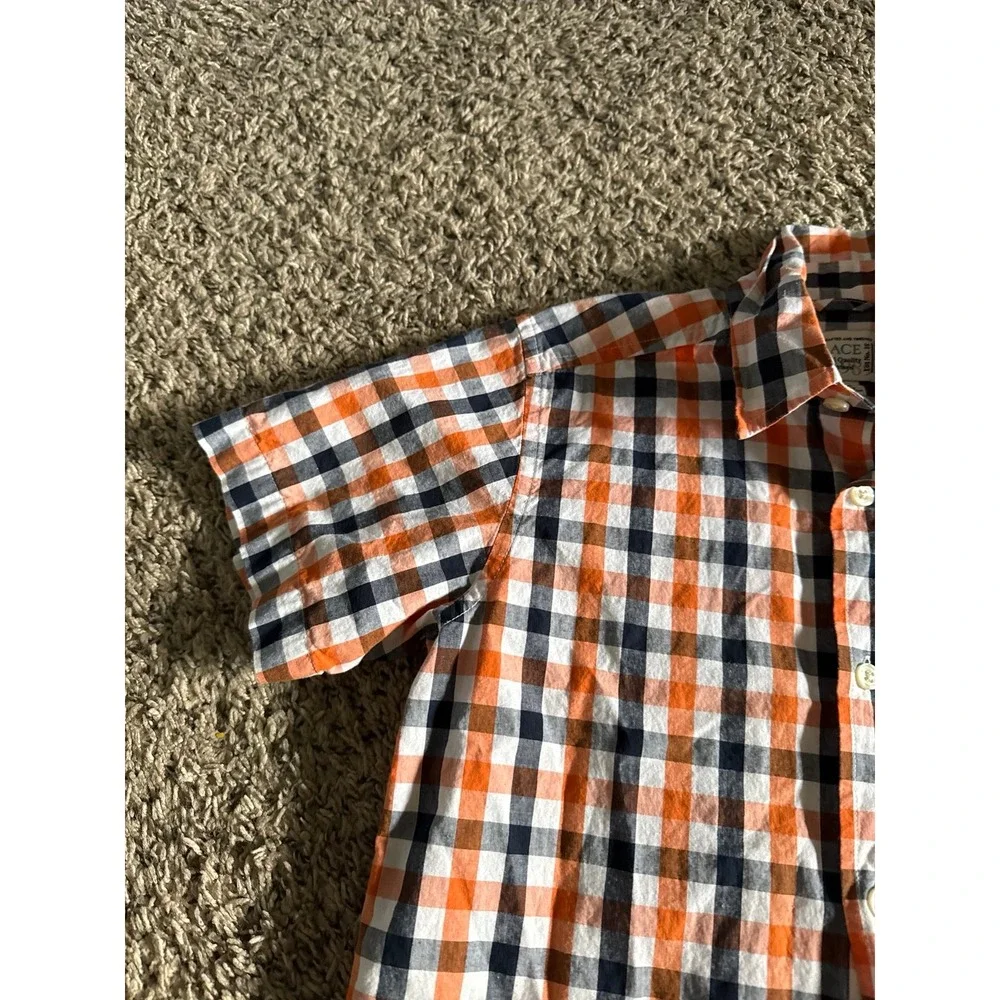 Place Boys White Orange Navy Blue Plaid Short Sleeve Button Down Size 7/8